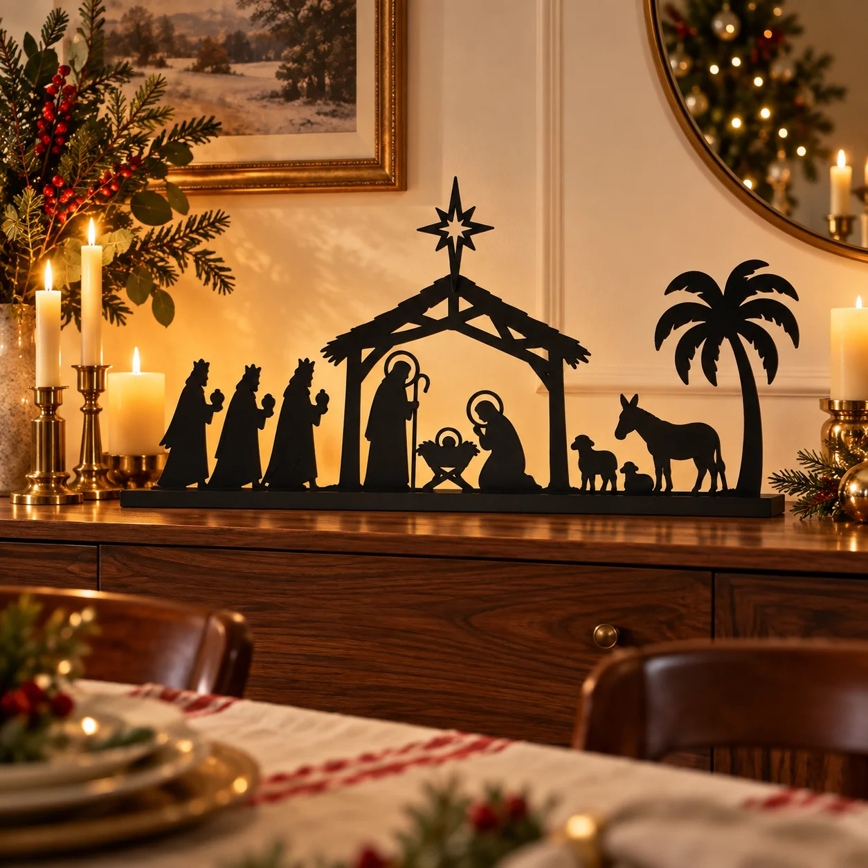 Black A Night in Bethlehem nativity display in a dining room