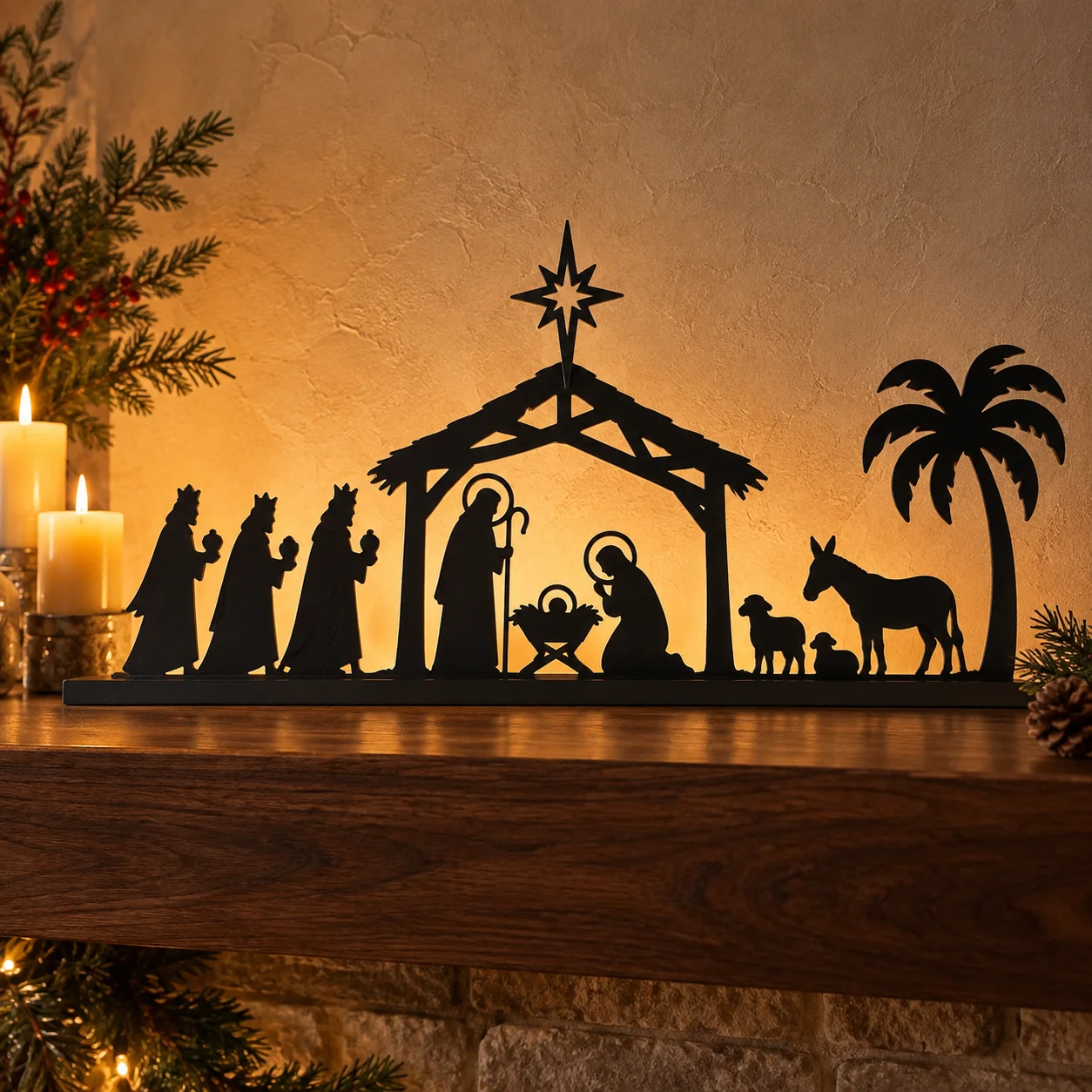 A Night in Bethlehem nativity display in black