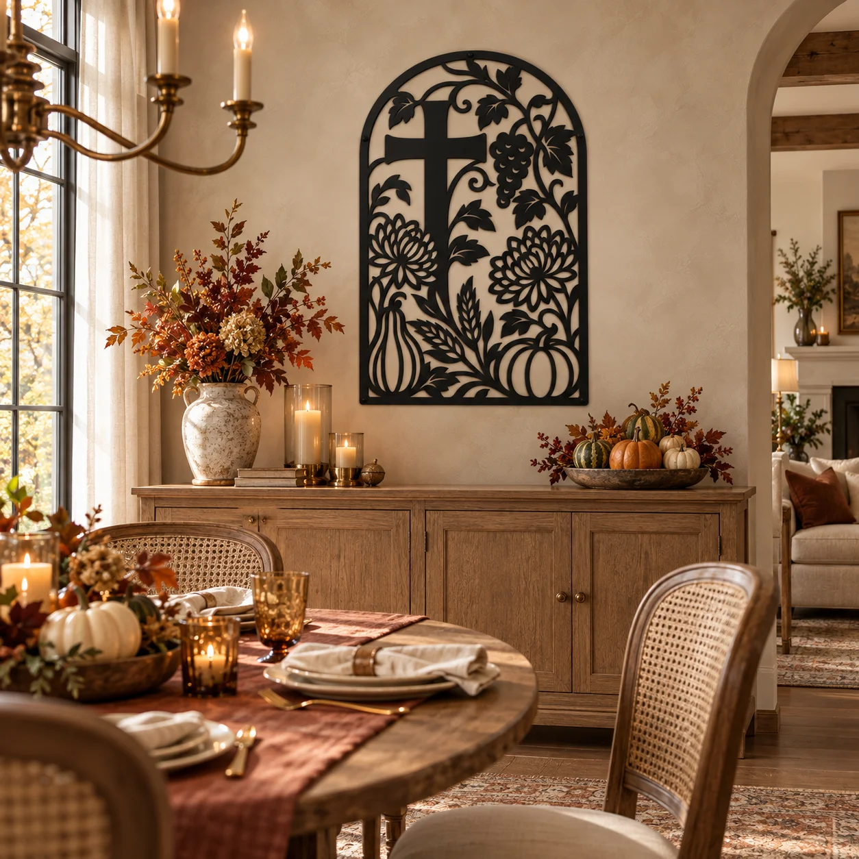 Black Autumn Cross wall art in a dining room