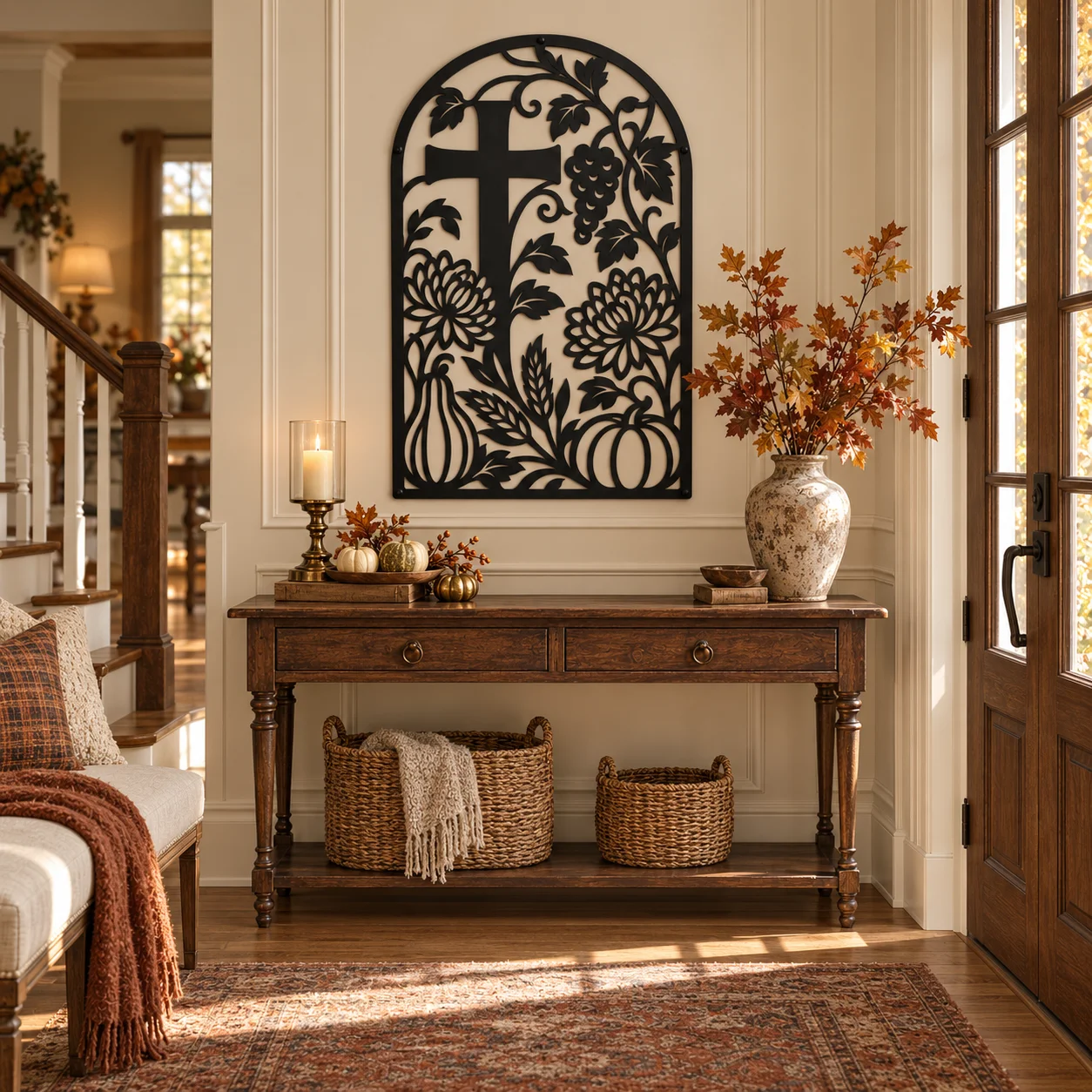 Black Autumn Cross wall art in an entryway