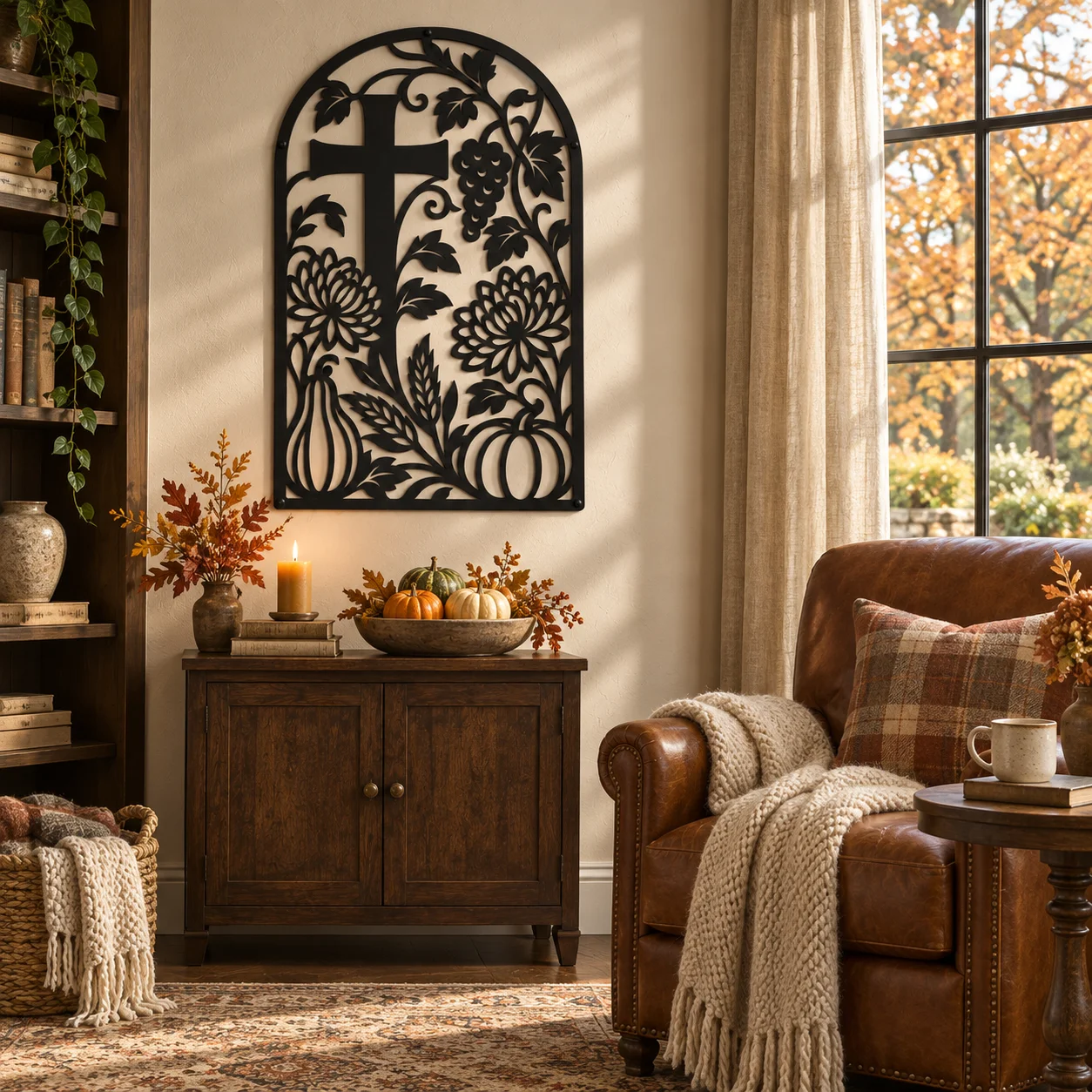 Black Autumn Cross wall art in a study