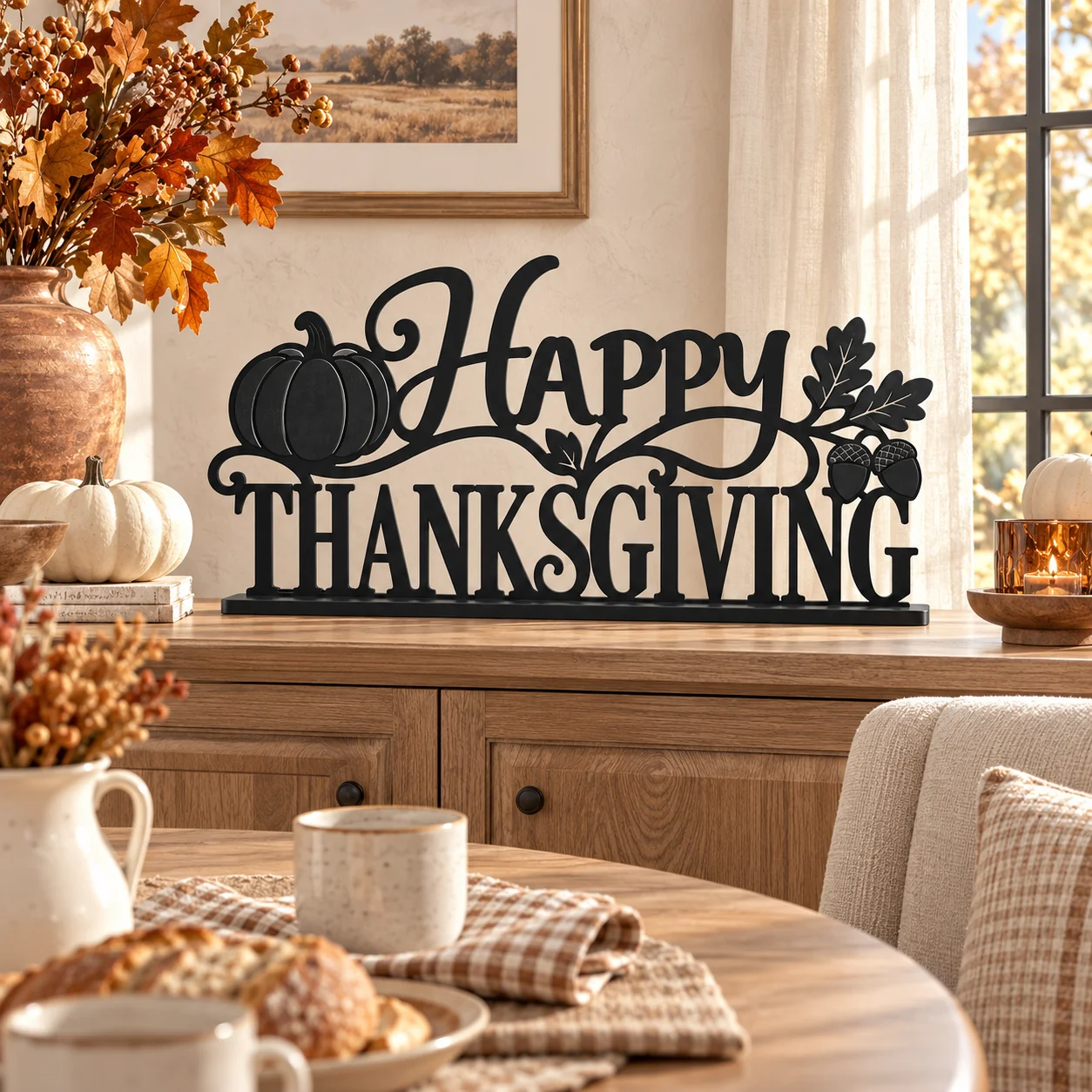 Happy Thanksgiving tabletop sign in black, alternate view