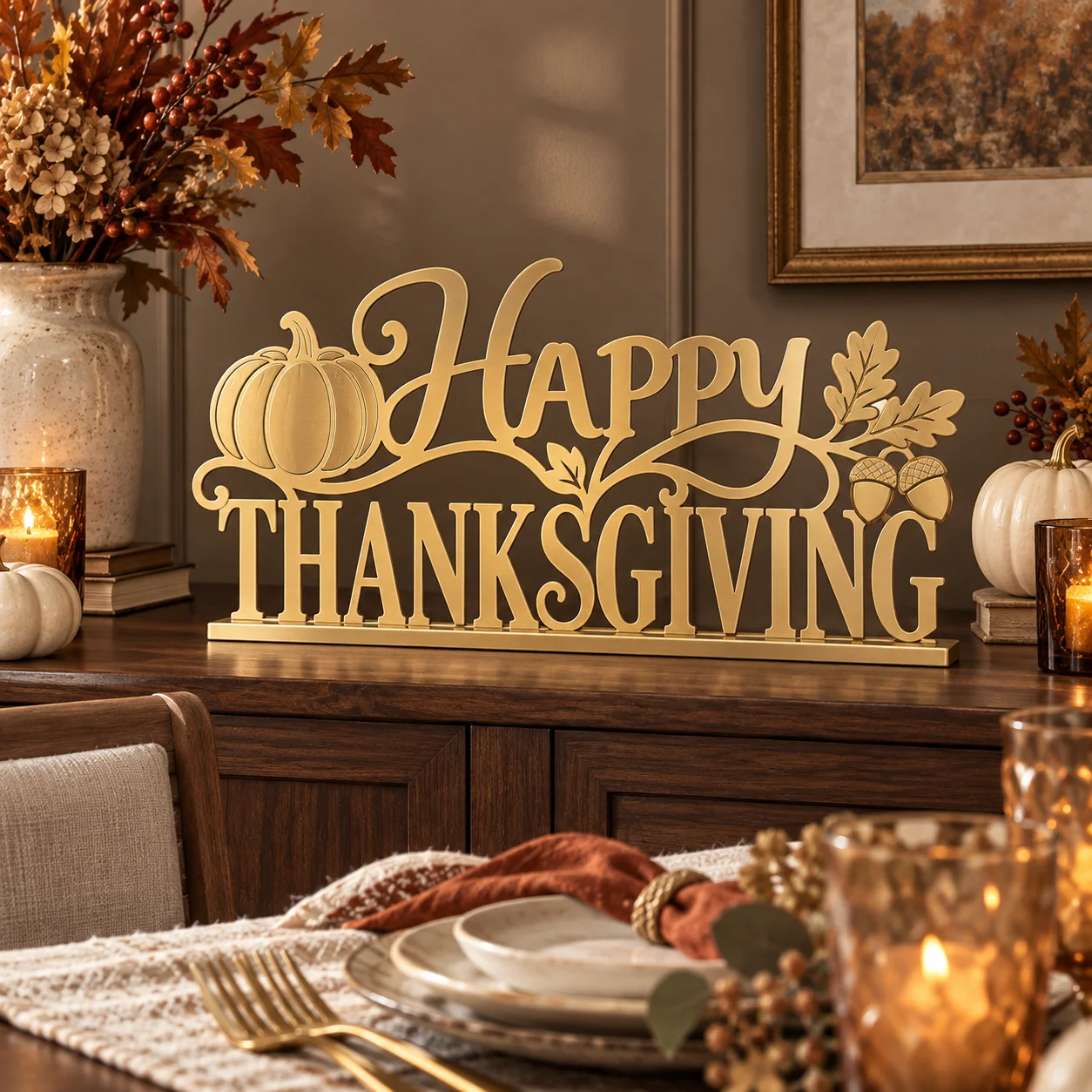 Happy Thanksgiving tabletop sign in gold