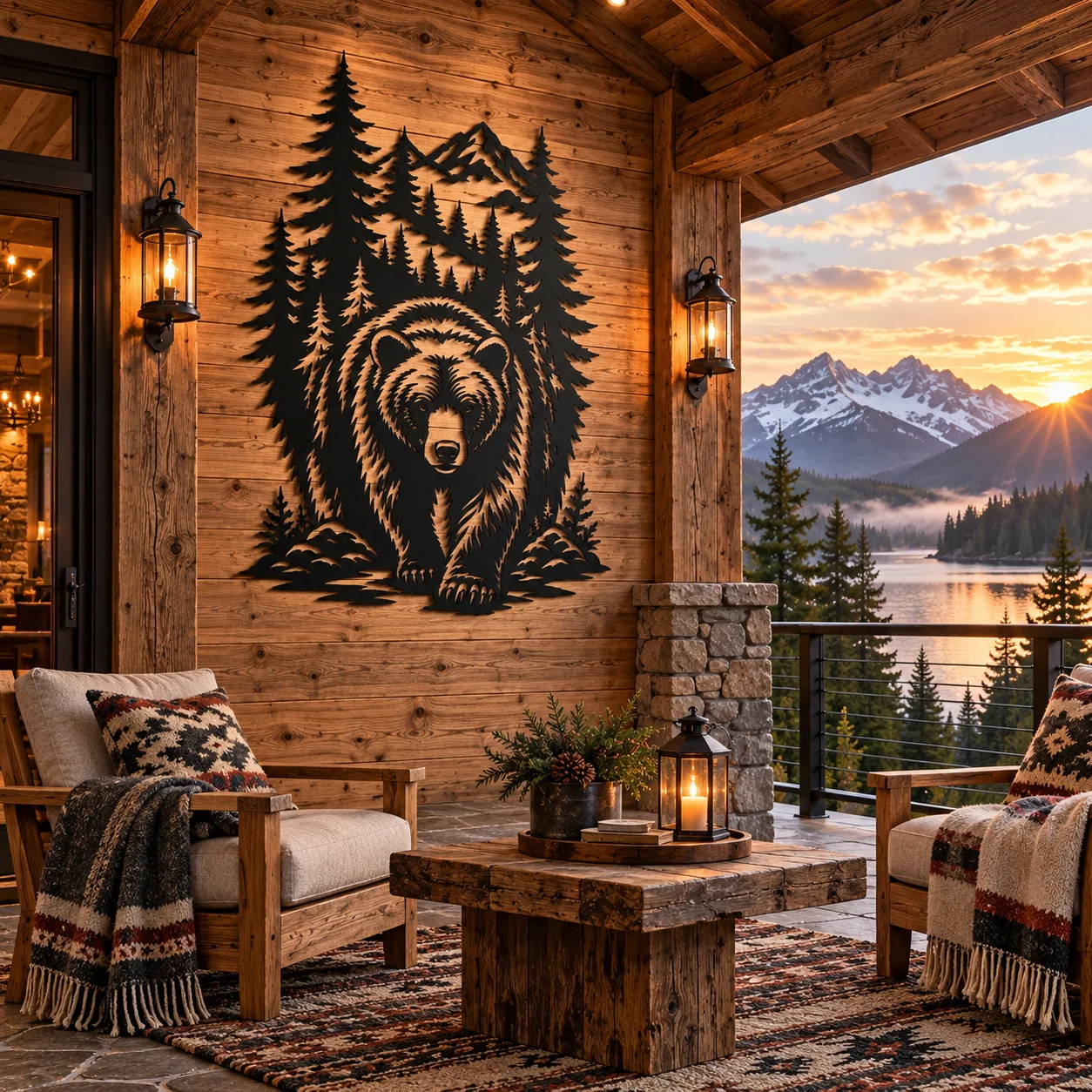 Black Ironwood King grizzly bear wall art outdoors