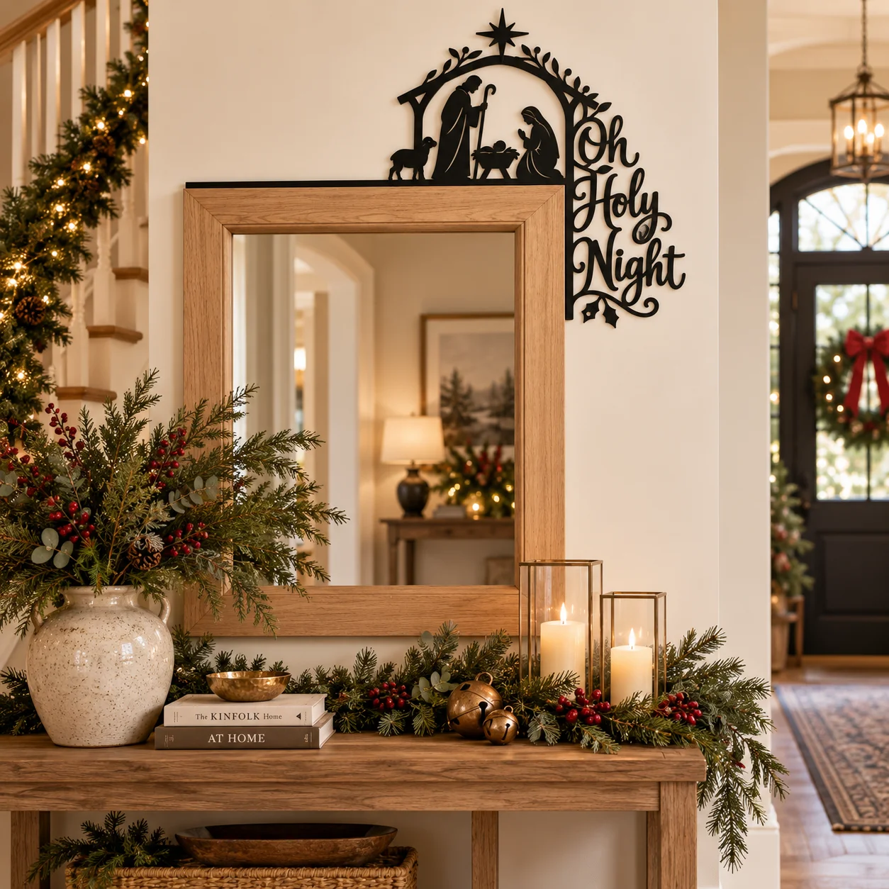 Black Oh Holy Night corner topper on an entryway