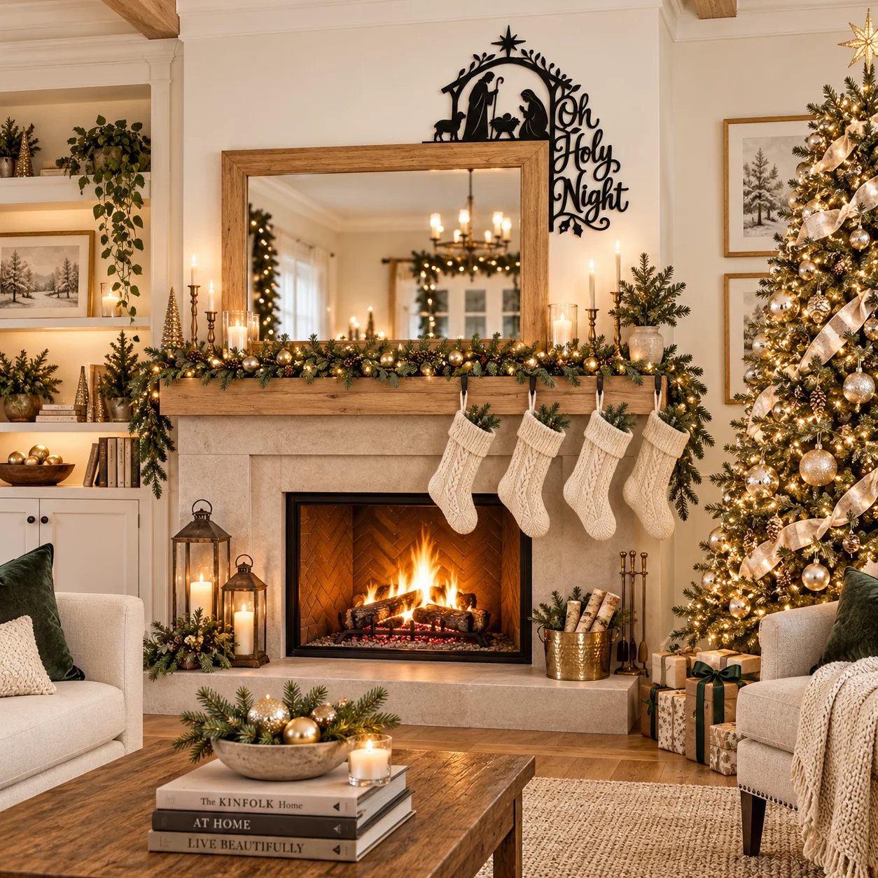 Black Oh Holy Night corner topper in a living room