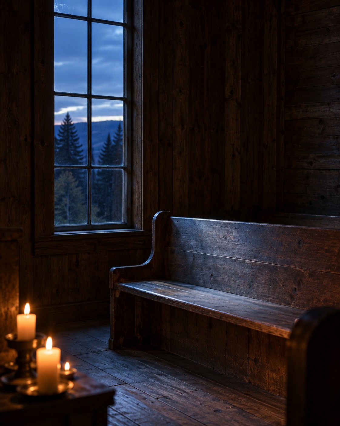 Wooden pew and candles in a chapel at dusk