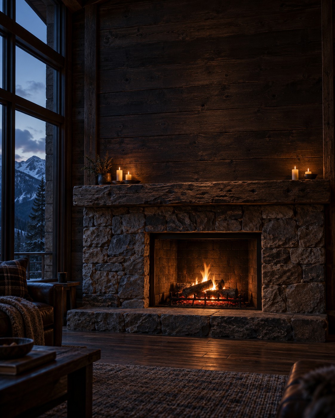 Lodge mantel with candles below an empty wall