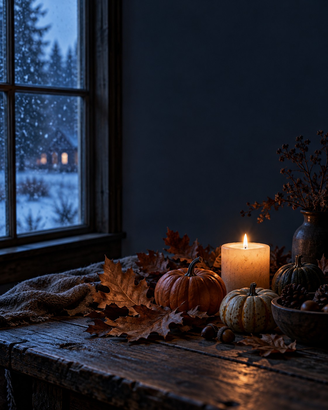 Autumn table with pumpkins and a candle by a snowy window