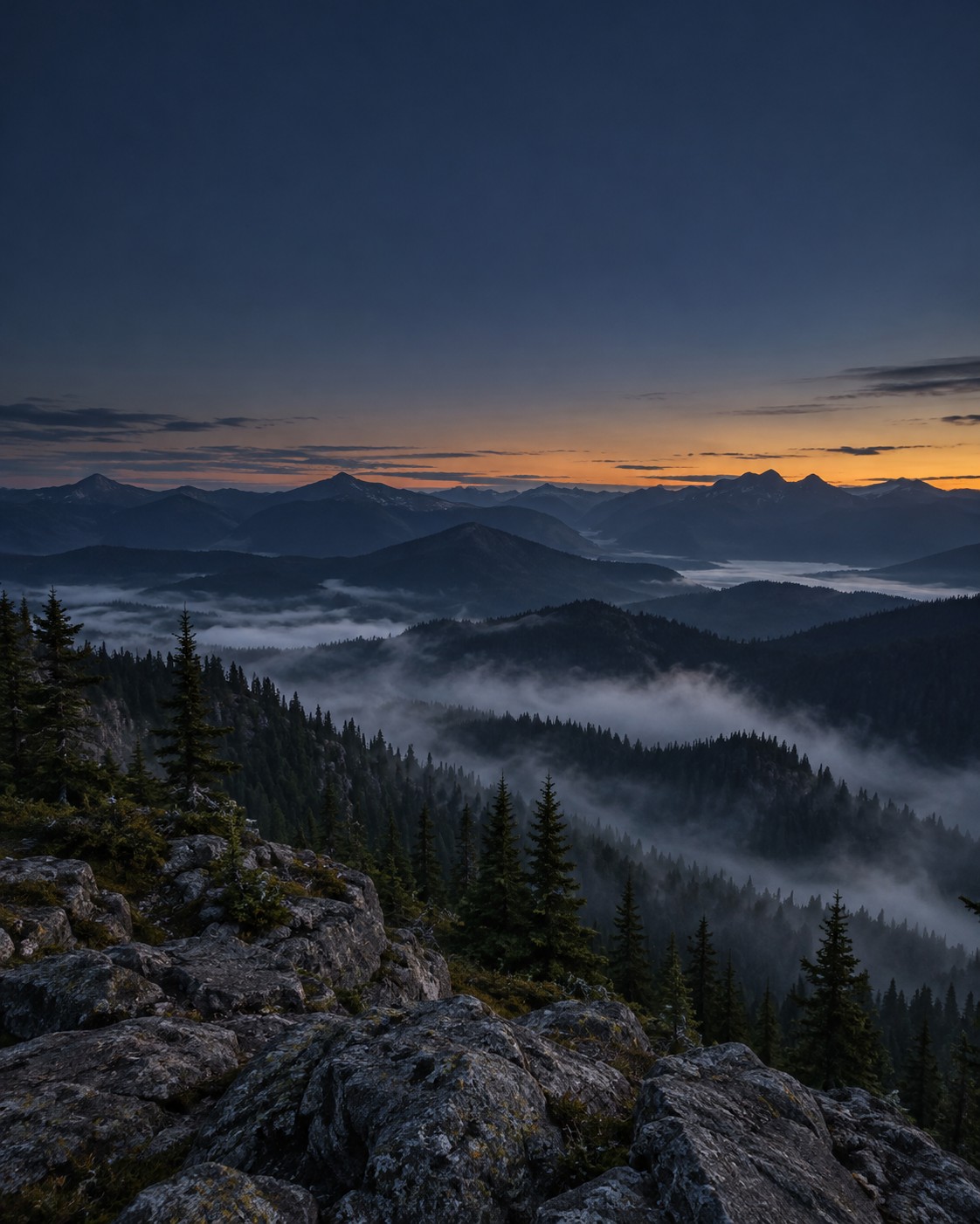 Mountain ridge and pines at dusk