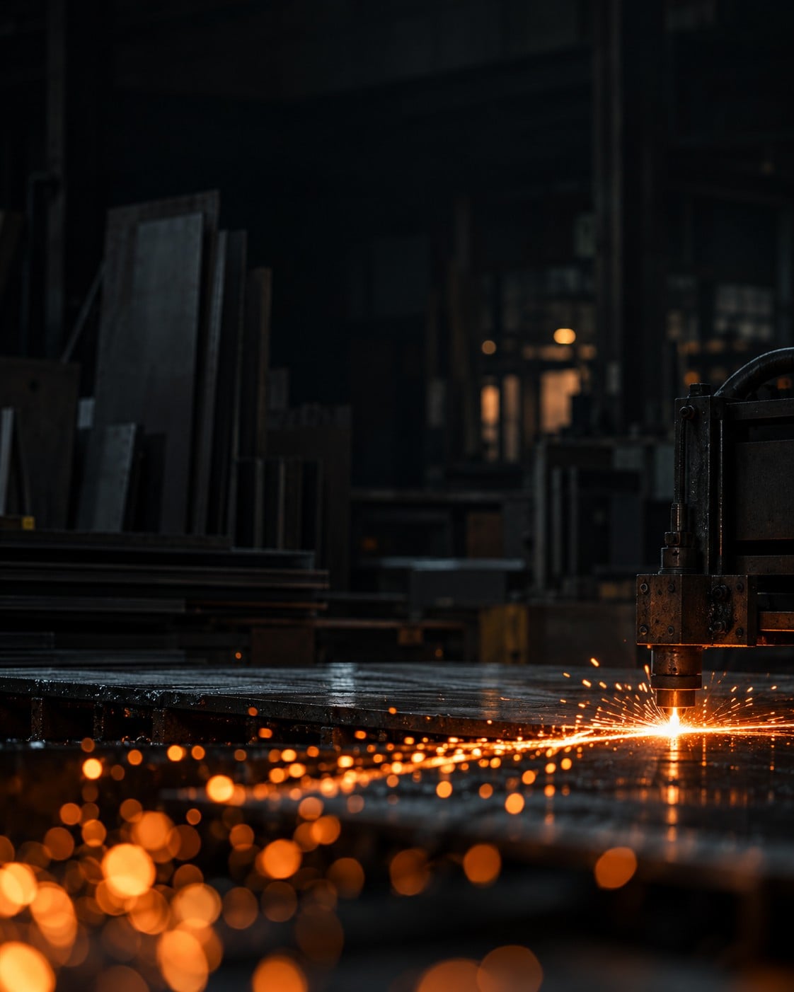 Plasma cutter sparks across a steel workshop table